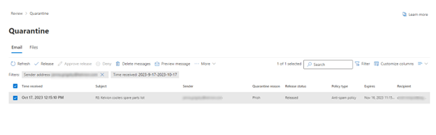 Exchange Quarantine Notification